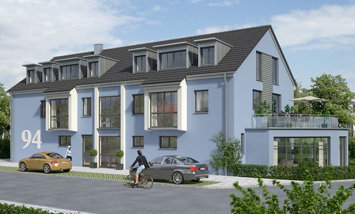 Mehrfamilienhaus Freisinger Straße 9 in Dachau mit blaugrauer Fassade