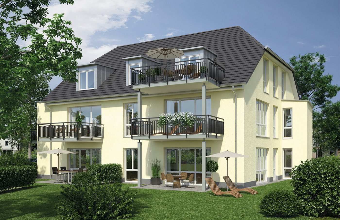 Neubau Würmbachgarten in Dachau: Mehrfamilienhaus mit Balkonen zur Gartenseite